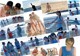 A collage of photos of a group of people on the beach.